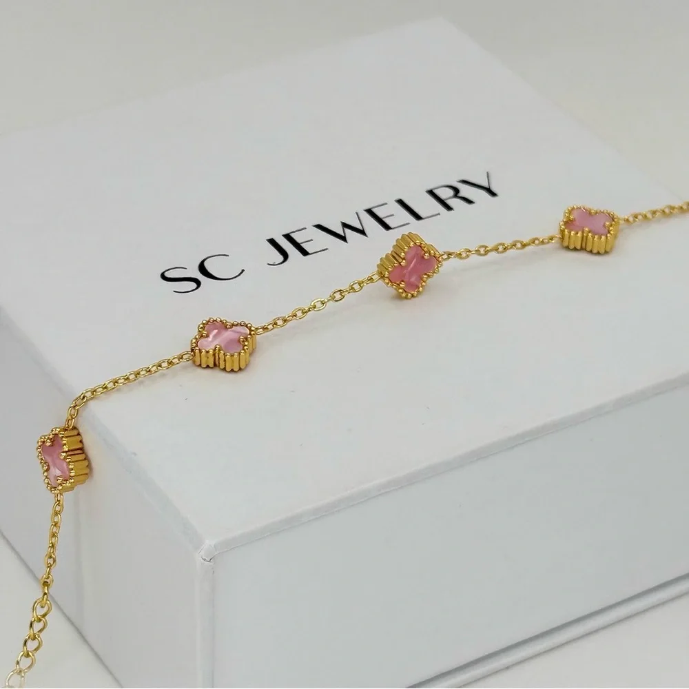 Petite Pink Mother of Pearl Gold Clover Bracelet | Stainless Steel Double Sided